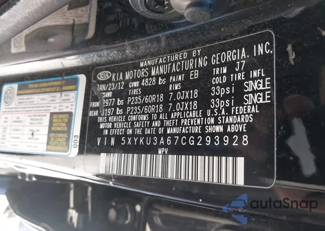 2012 Kia Sorento Ex from USA, damaged, VIN 5XYKU3A67CG293928